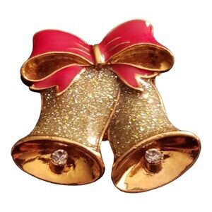 Avon Vintage Christmas Brooch Pin Enamel Red Bow w/ Silver Glitter Bells Signed